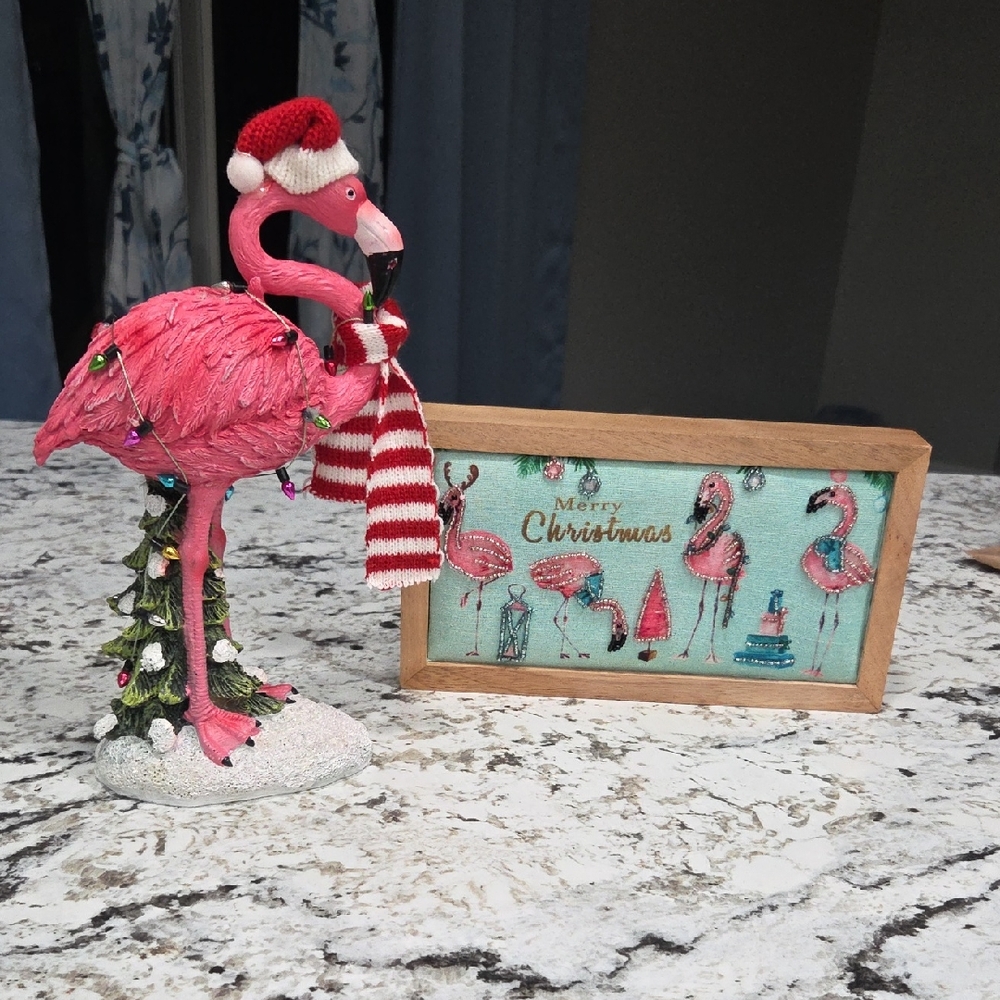 Holiday Pink Flamingo with Santa Hat Decor 2 Pc Set